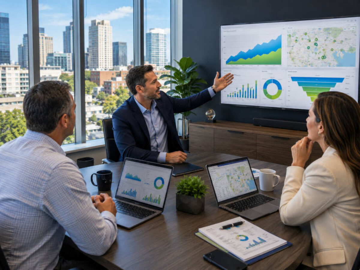 SEO consultant reviewing a Stamford business search marketing strategy with company owners